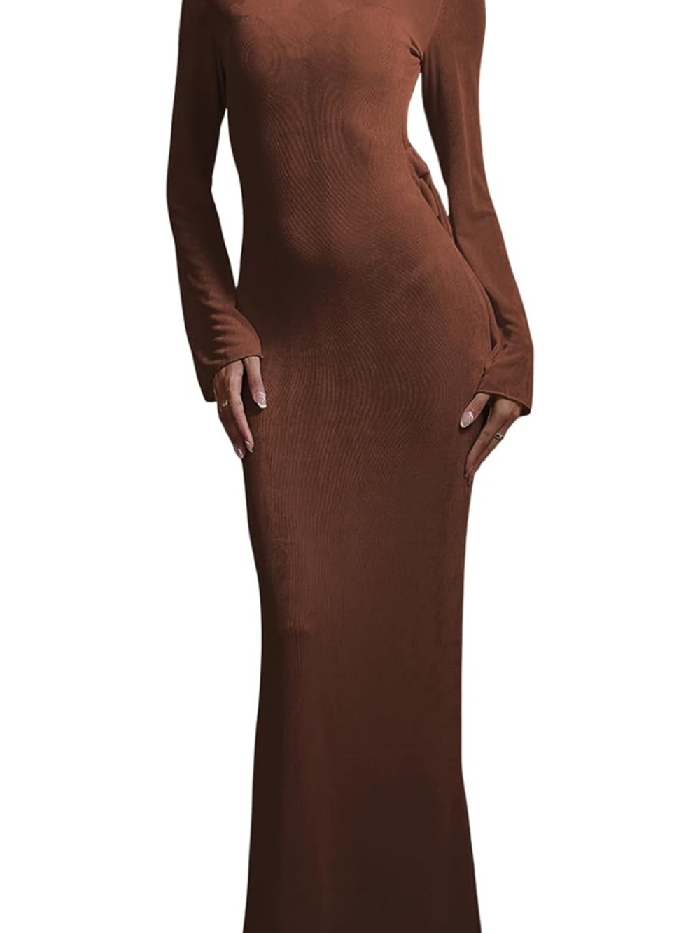 Women's Long Sleeve Bodycon Maxi Dress - Brown